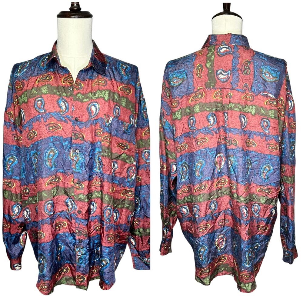 Protest | Men | Vintage 90s 100% Silk Abstract Paisley Button Up Shirt | Sz XL